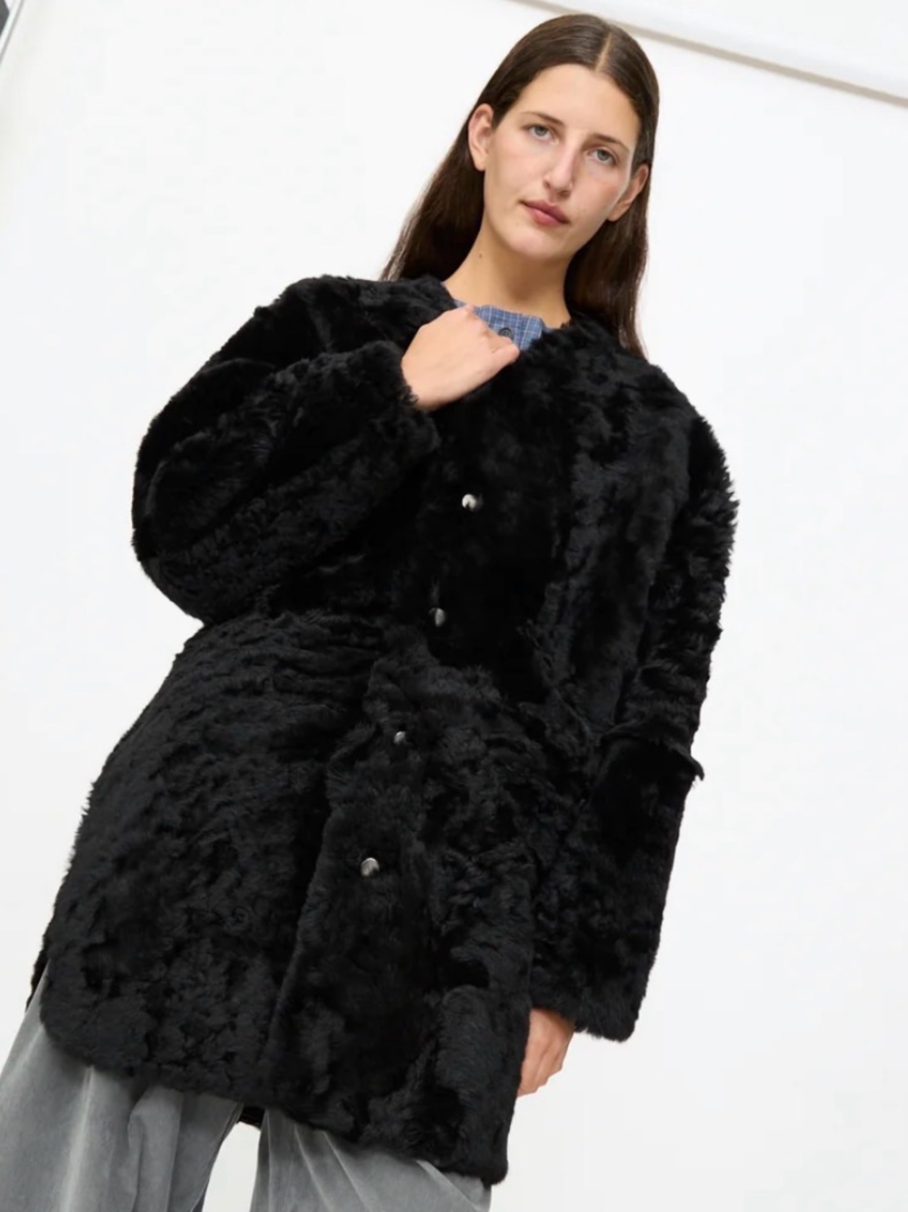Milena Silvano Shearling and Leather Black Coat BNWT